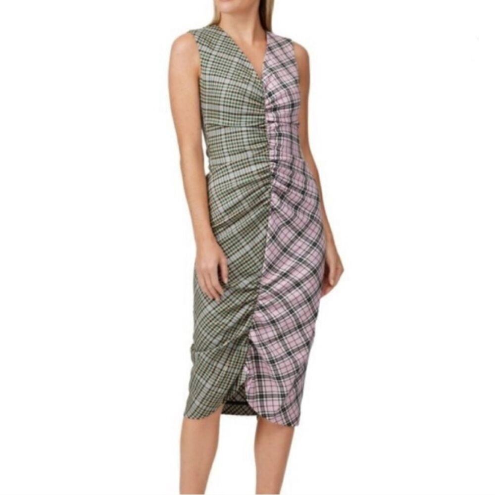 XS Brogger Audrey Plaid Color Block  Ruched Virgin Wool Midi Sheath Dress